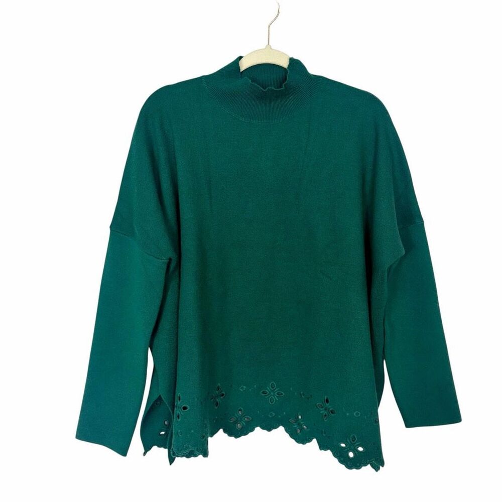 NWT Entro Sweater Womens Large Hunter Green Mock Neck Eyelet Hem Knit Oversized - Picture 2 of 15
